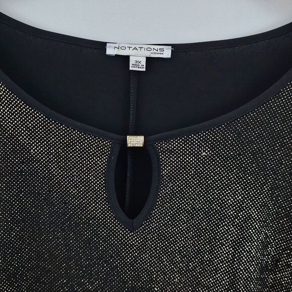 Notations Woman Top 3X Black Gold Sparkle 3/4 Sleeve Keyhole Neck Rhinestone - Picture 3 of 12